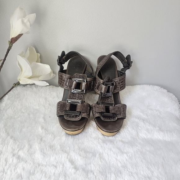 TORY BURCH Kayla Croc Leather Platform Sandals Heels - Picture 3 of 12